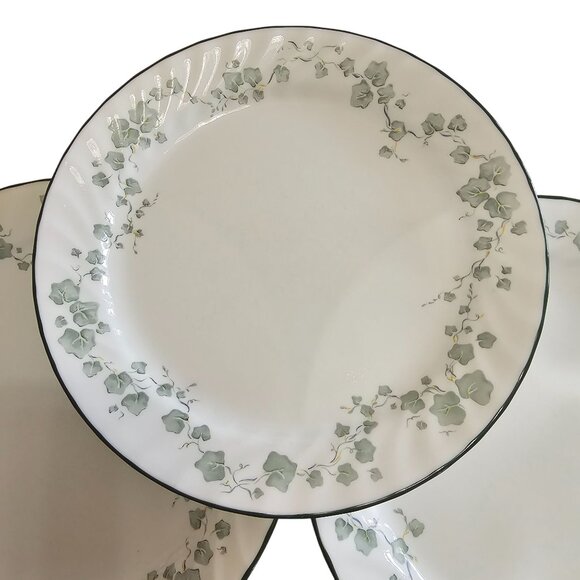3 Corelle Callaway Dinner Plates 10" white swirl rim green trim ivy - Picture 2 of 9